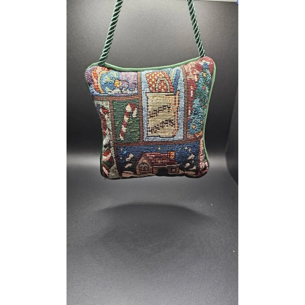Vintage Needlepoint Tapestry Patchwork Satin Back Christmas Ornament Door Hanger